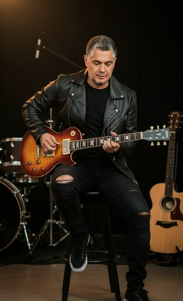 Hombre vestido de negro tocando una guitarra eléctrica modelo Gibson Les Paul.